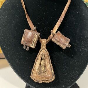 Antique Brass and Leather Buddha Bag Necklace